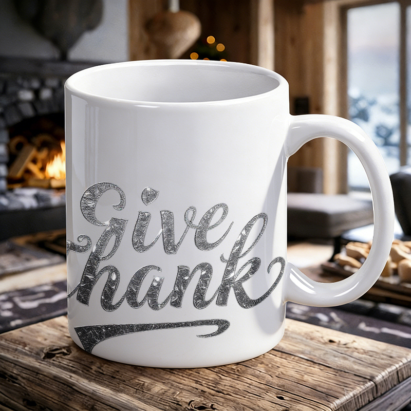 Coffee Tea Font - Keramikbecher mit Silberfolien-Schriftzug 'Give Thanks', Kaffeetasse,