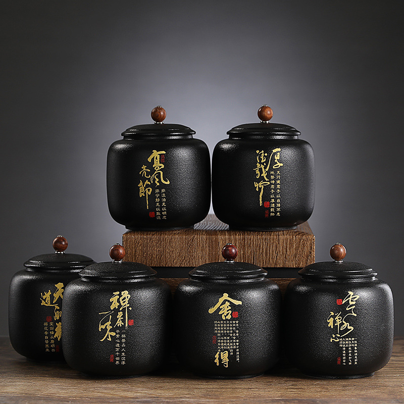 Coffee Tea Font - Versiegelte Teedose aus schwarzer Keramik, vergoldete