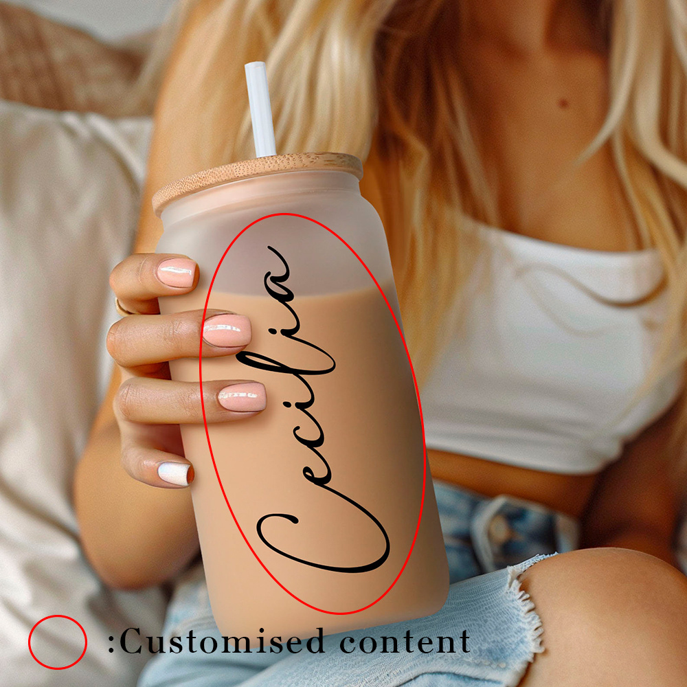 Coffee Tea Font - Personalisierter Bambus-ummantelter Strohhalm-Glasbecher, Individuell Gestalteter Schriftzug-Eiskaffeebecher,