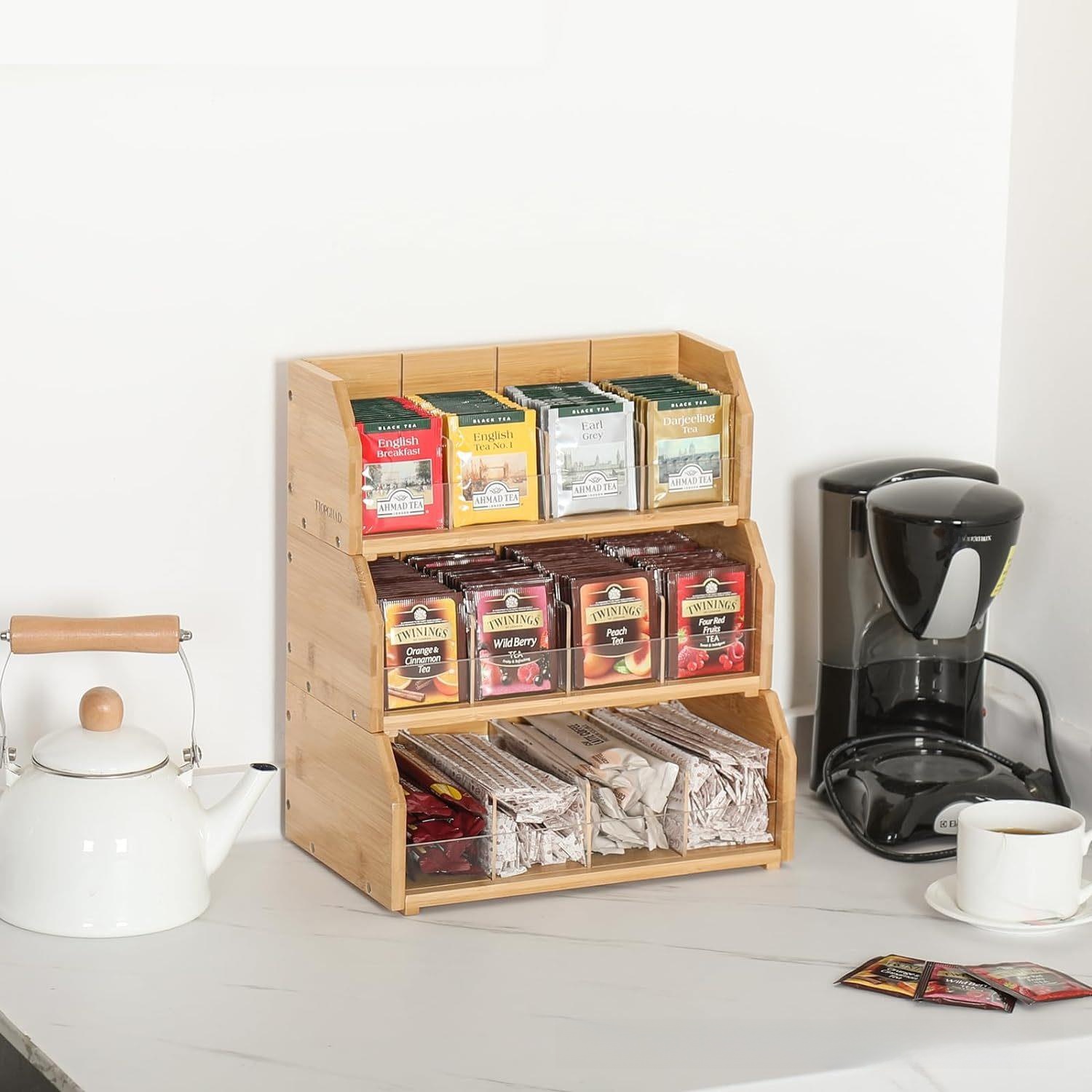 Coffee Tea Station - Bambus Teebeutel-Aufbewahrungsbox Dreischichtiges Kaffeetüten-Präsentationsregal Kaffeestation Teeraum