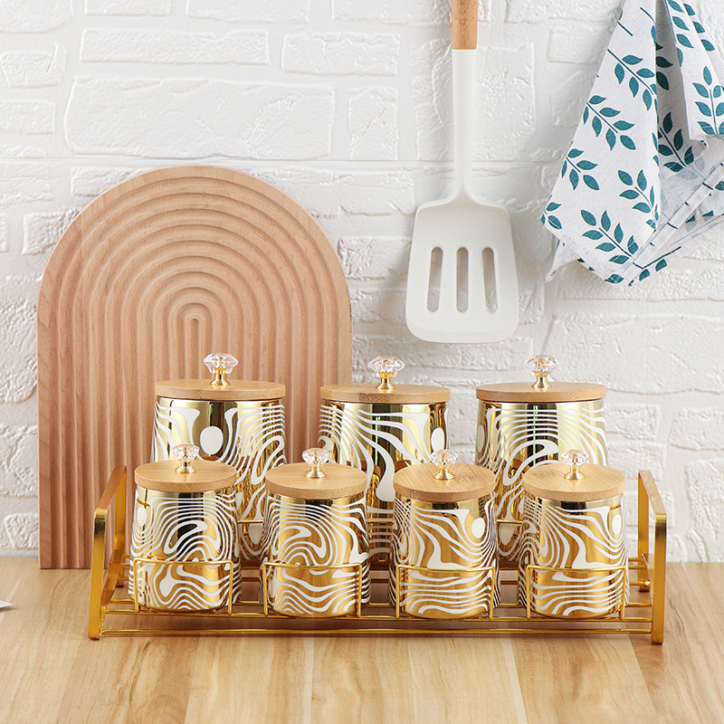 Coffee Tea And Sugar Canister Set - Set mit 7 farbig glasierten Keramik-Küchenkanister-Sets